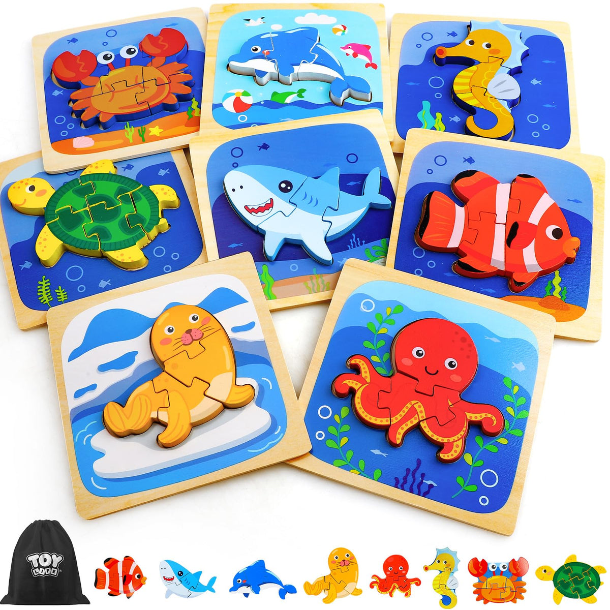 TOY Life sea animals puzzle for toddlers with safe wooden pieces.