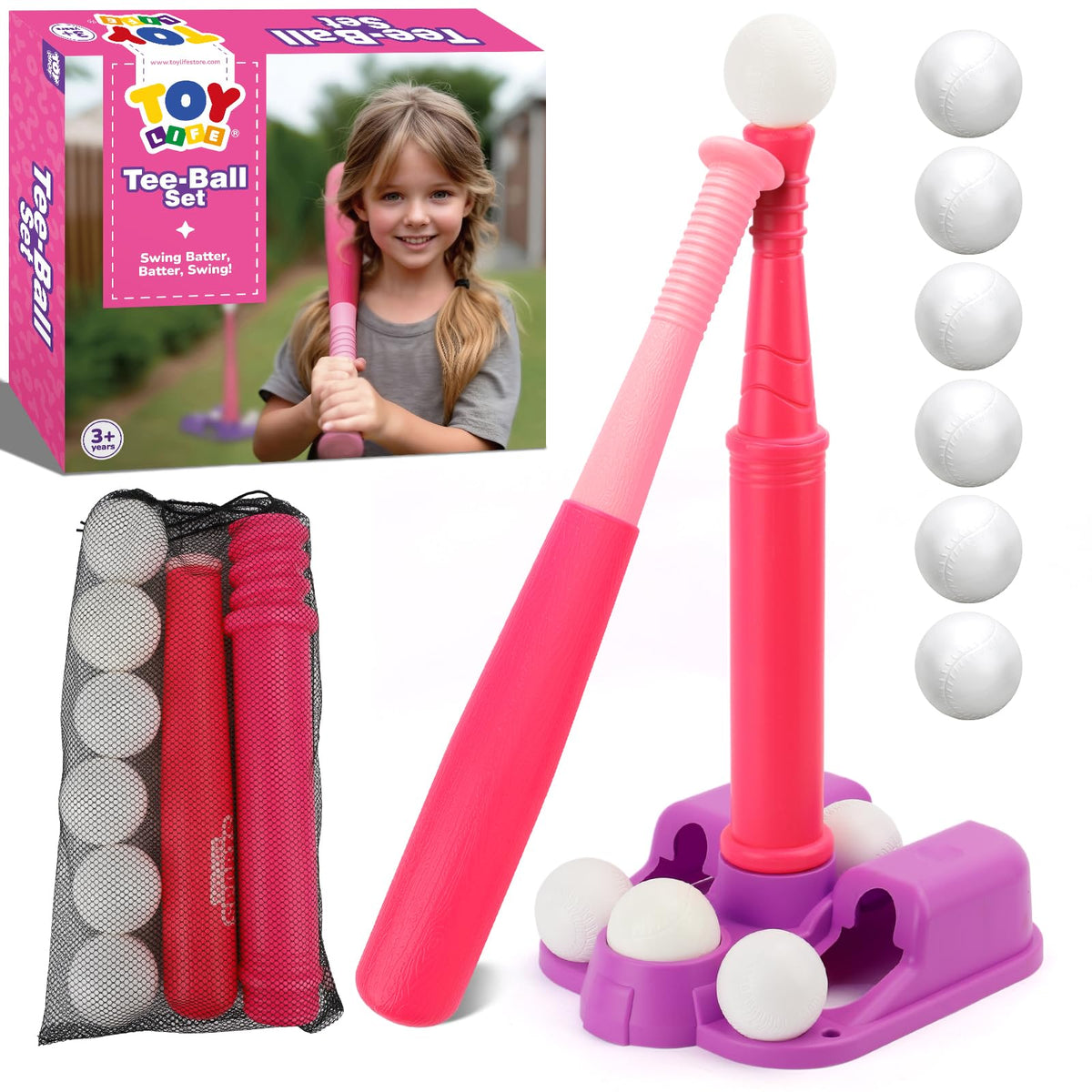 TOY Life T Ball Set on a sturdy stand for beginner batting practice.