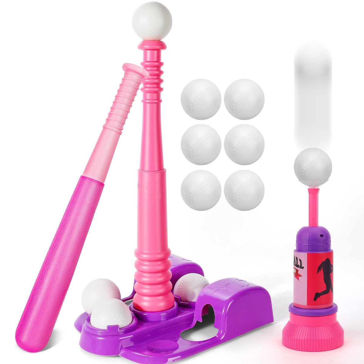 TOY Life T Ball stand with launcher enables easy practice indoors or outdoors.
