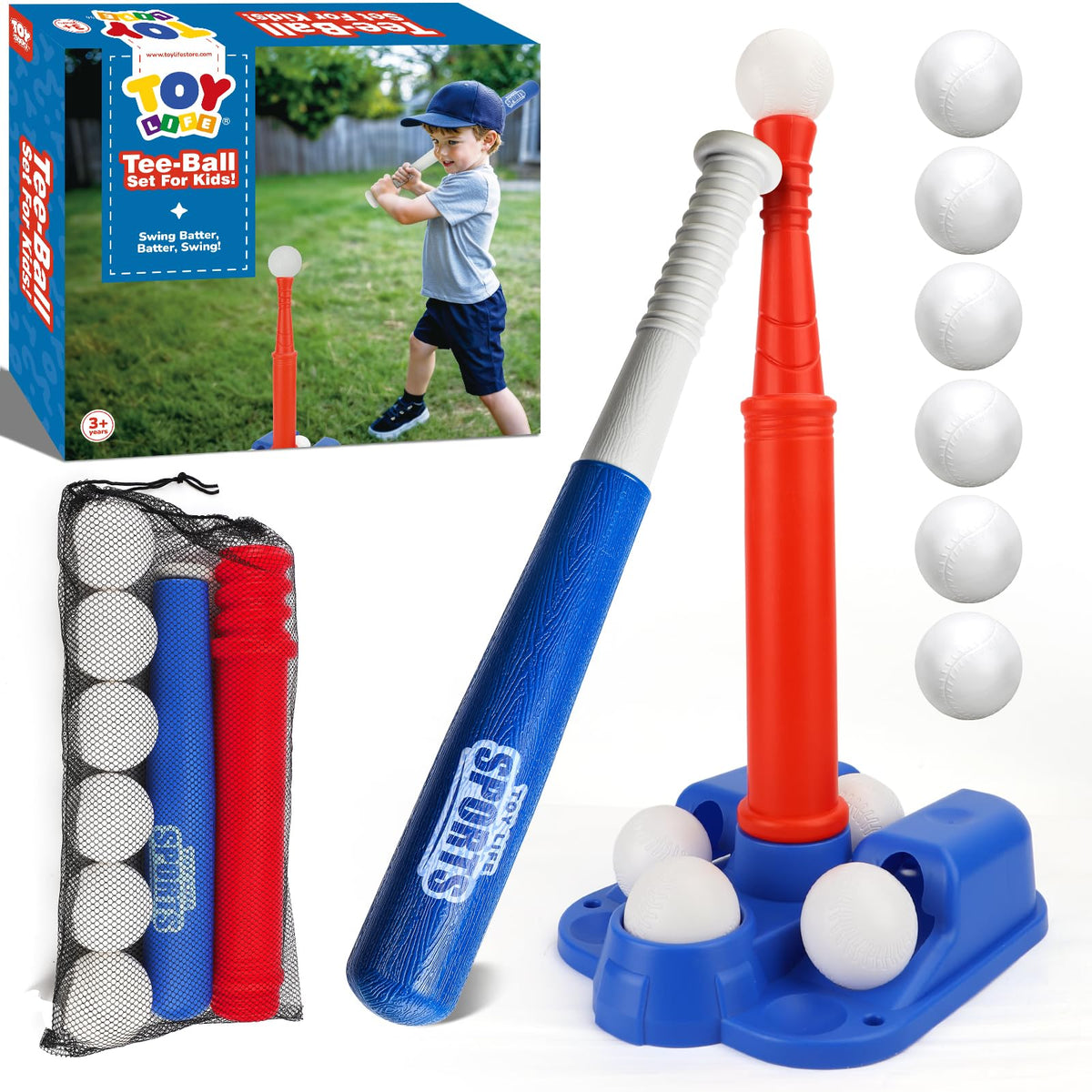 TOY Life Tee Ball Set with bat and tee supports beginner swings outdoors.