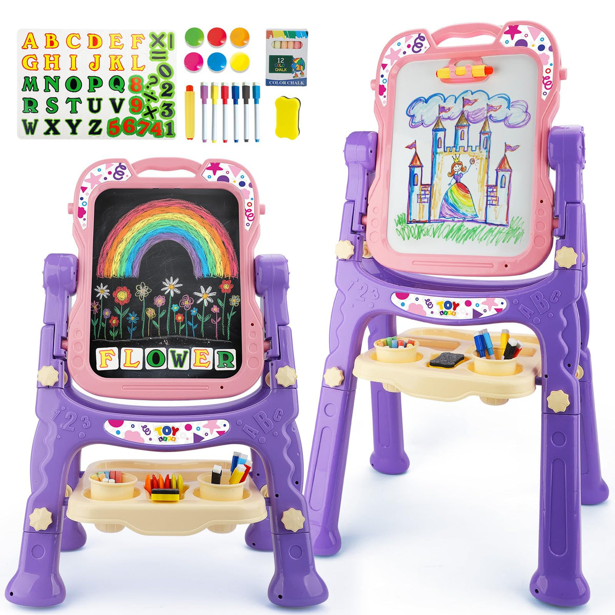 TOY Life toddler easel: double-sided pink chalkboard and magnetic board for creative play.