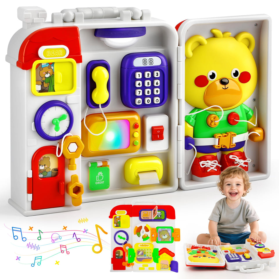 TOY Life Toddler Montessori Busy Board 20-in-1 with buttons promotes fine motor exploration.