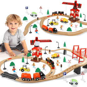 TOY Life 81-piece train set with crane-locomotive offers imaginative play and creative layouts.