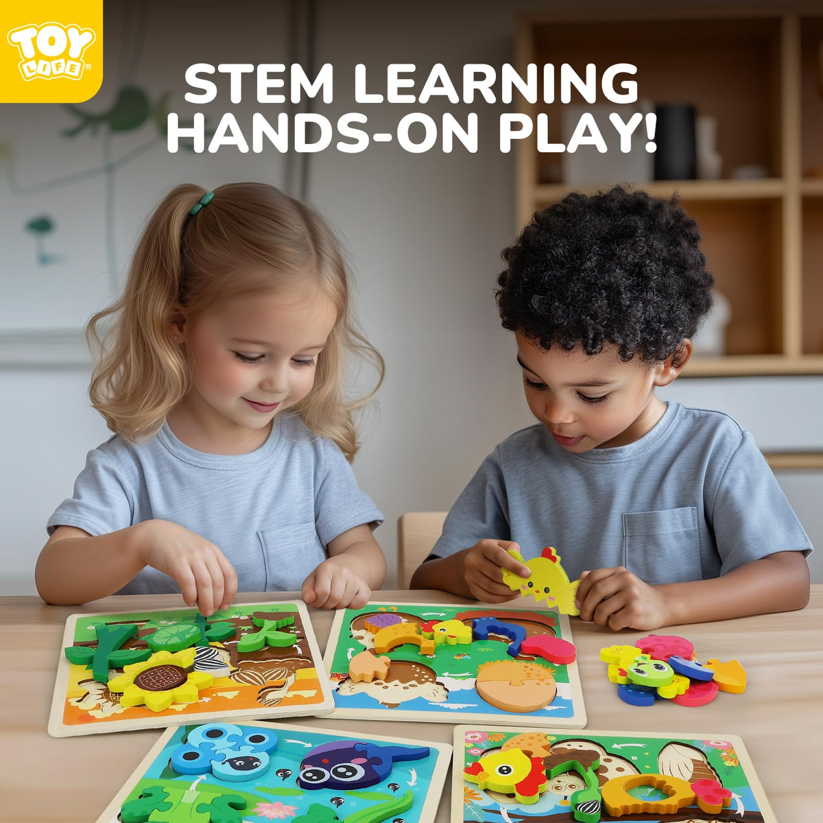 TOY Life Wooden Puzzle Closeup Pieces: sturdy design aids independent play.