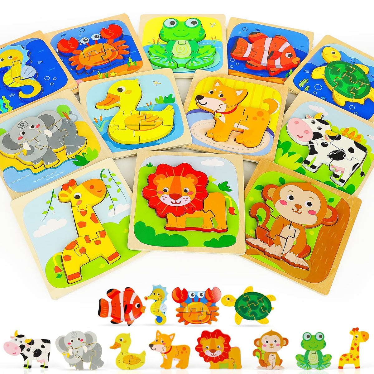 TOY Life wooden puzzle for toddlers with colorful animal pieces
