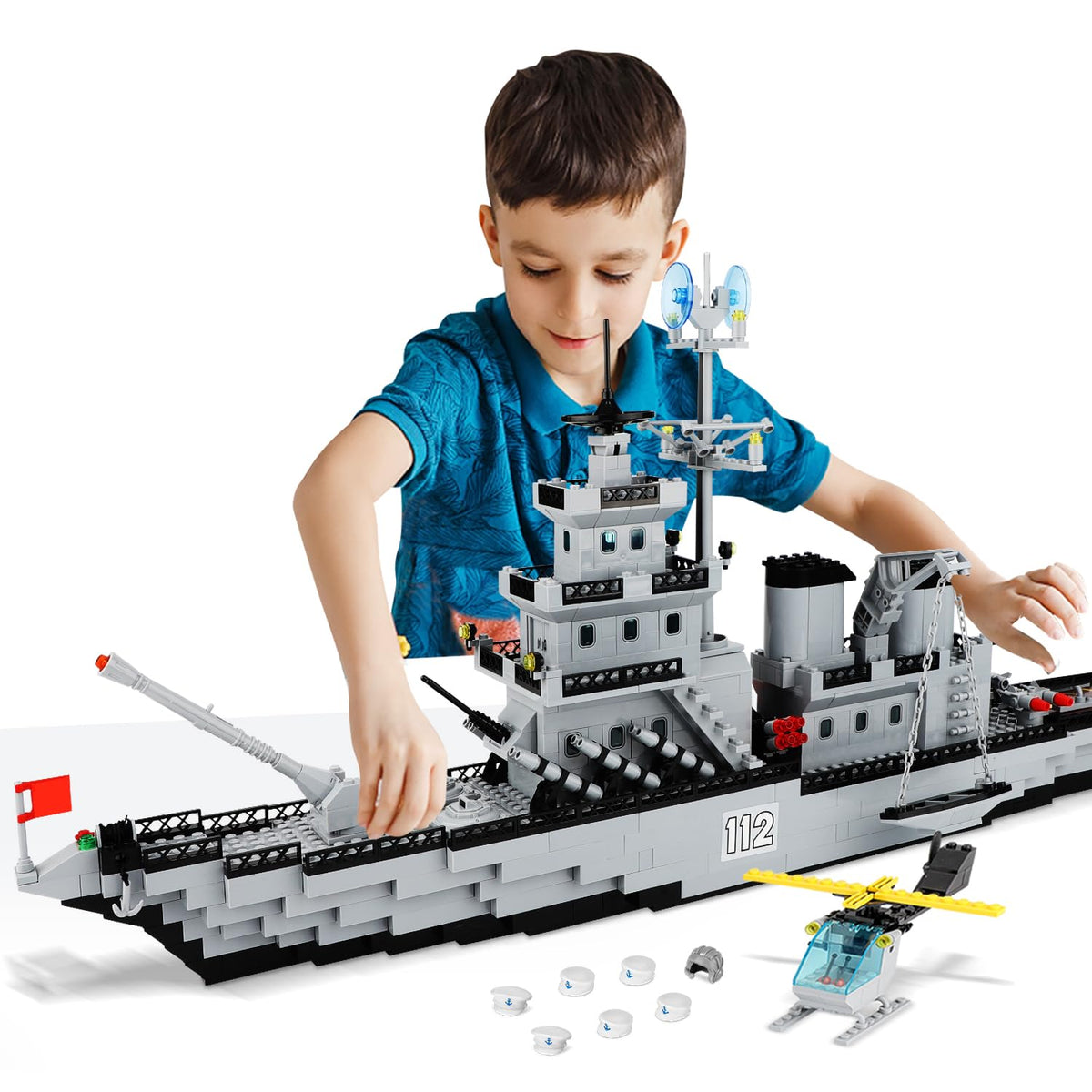 TOY PLAYER WW2 battleship front view with radar and rotating gun for immersive play.