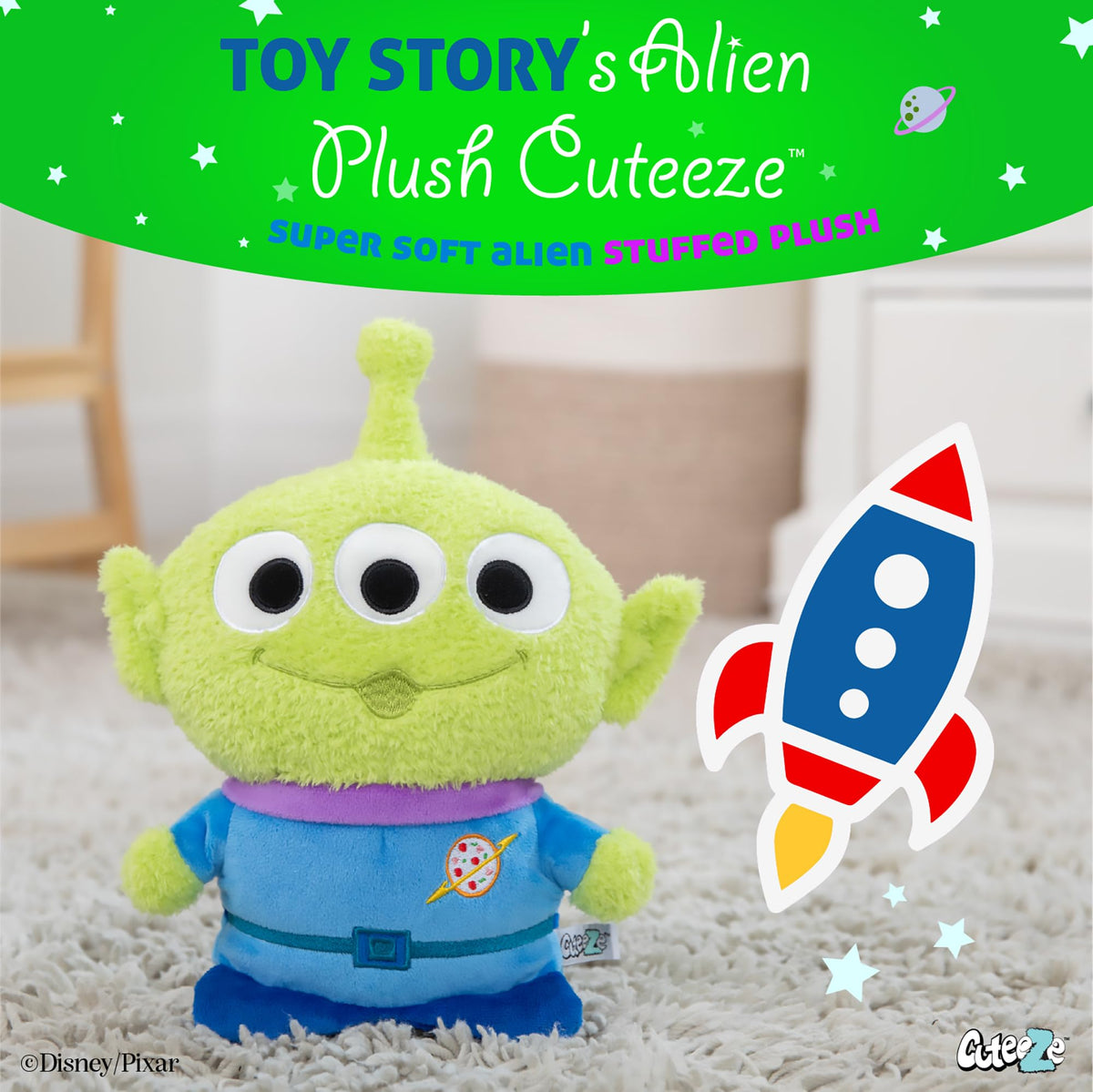 Little Green Man in Pizza Planet suit detail adds nostalgic charm for playtime.