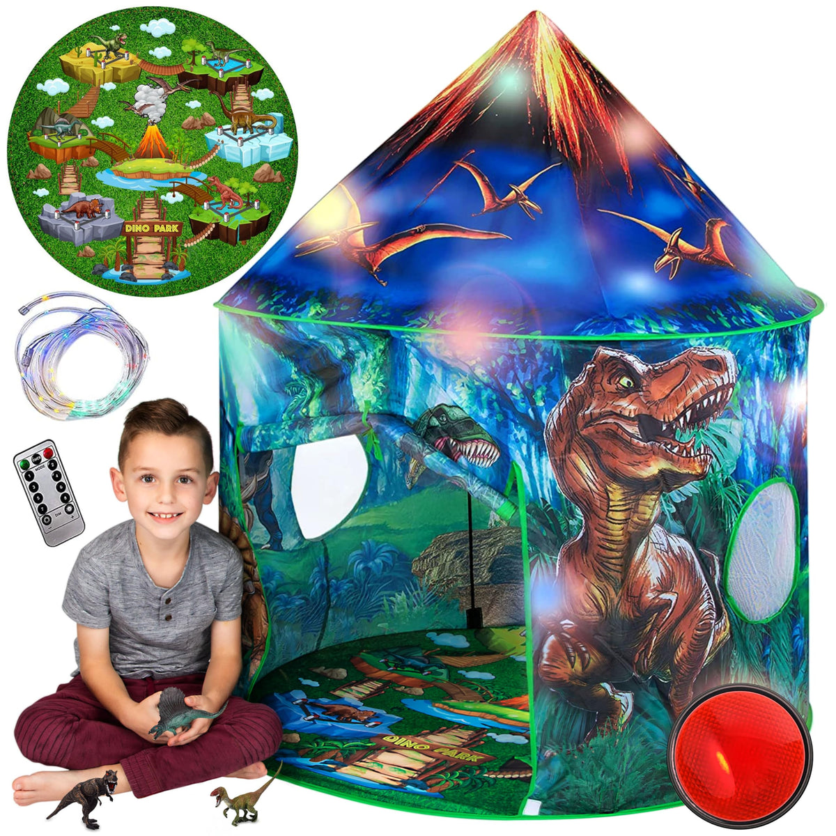 Toy To Enjoy dinosaur pop-up tent setup for indoor play and quick assembly