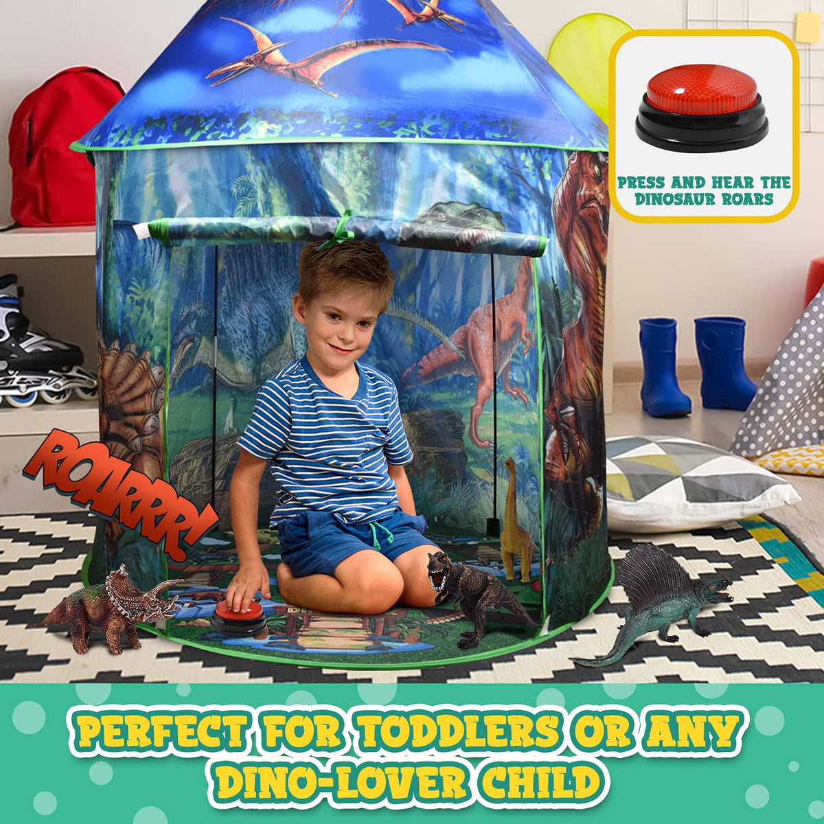 Toy To Enjoy three dinosaur toys exploring inside the tent