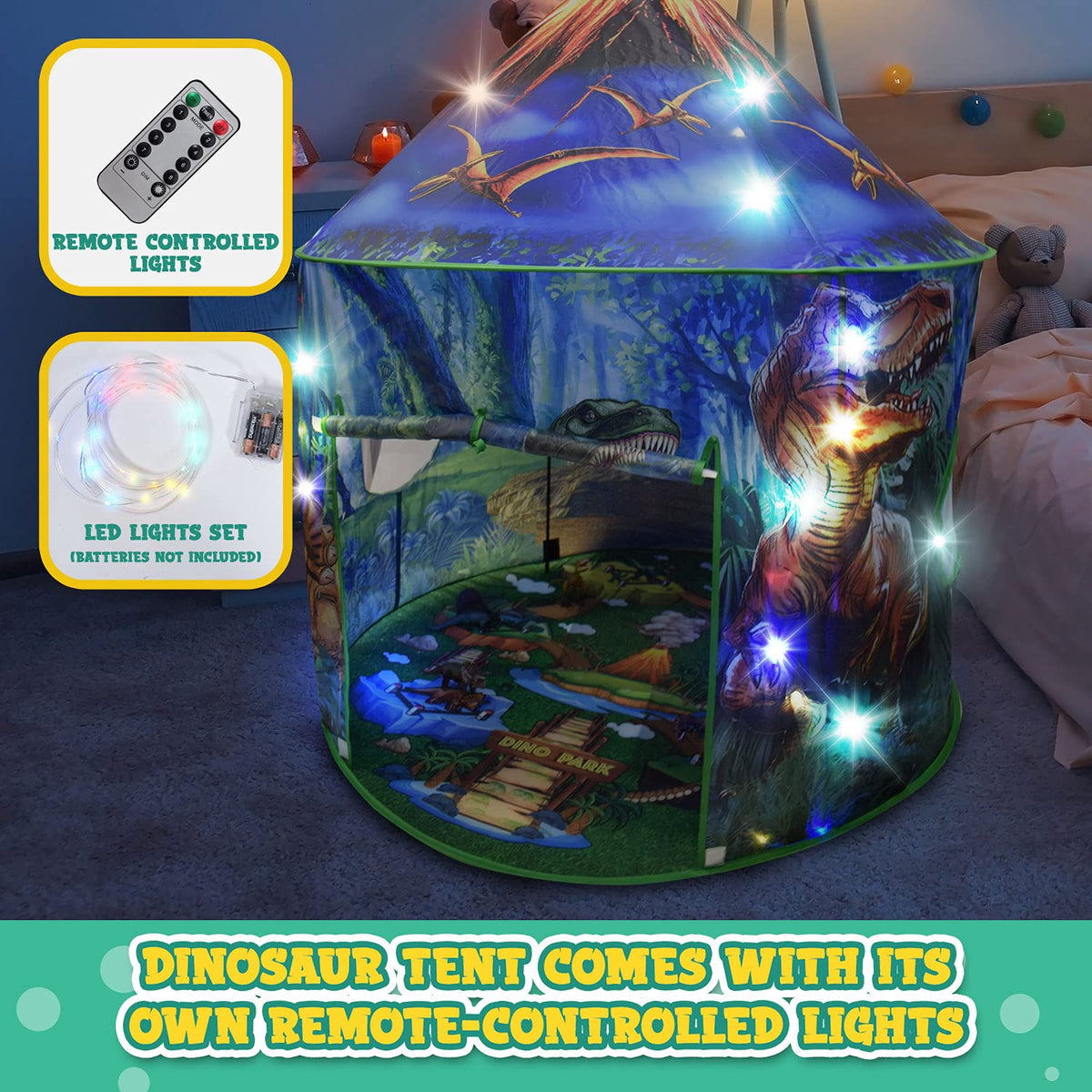 Toy To Enjoy child relaxing inside the cozy dinosaur tent