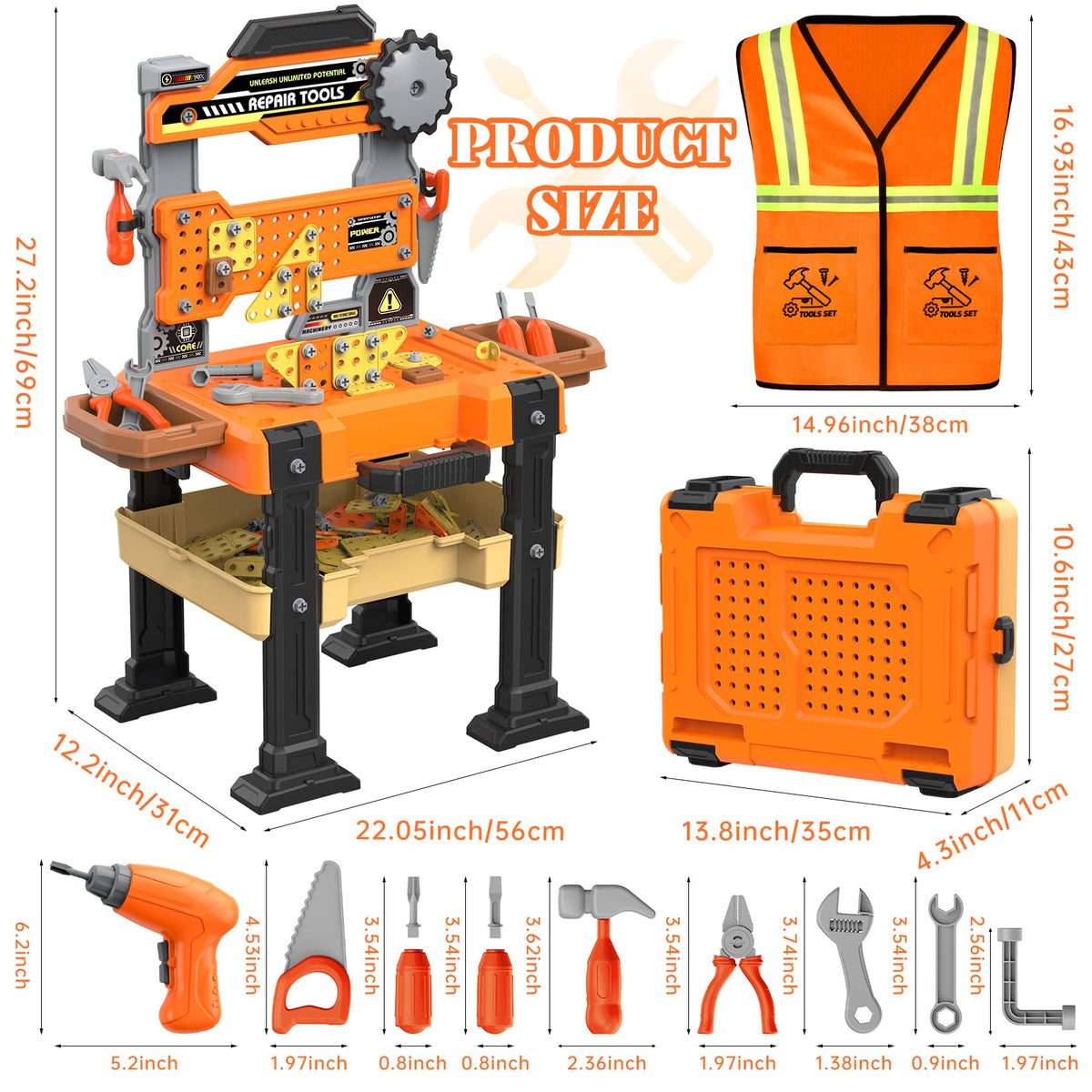 Toycost hammer and wrench provide tactile feedback during construction play
