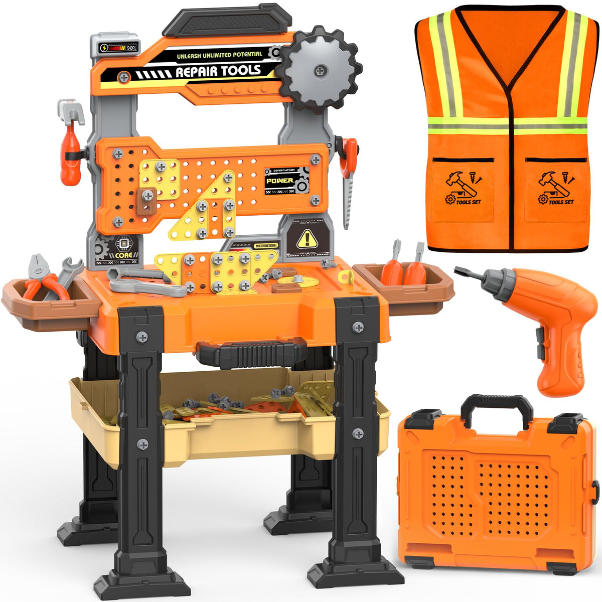 Toycost kids tool bench with electric drill in action for pretend play and motor skill practice