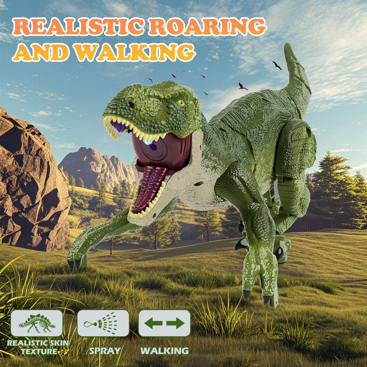 ToyFuntasy RC dinosaur sprays and lights for vivid pretend scenes.