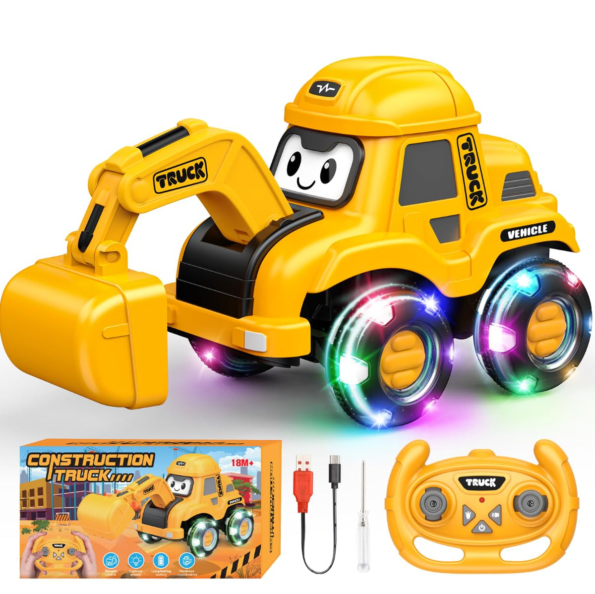 Toyjolka toddler RC excavator with light-up wheels enhances outdoor play and visual appeal.