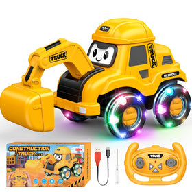 Toyjolka toddler RC excavator with light-up wheels enhances outdoor play and visual appeal.