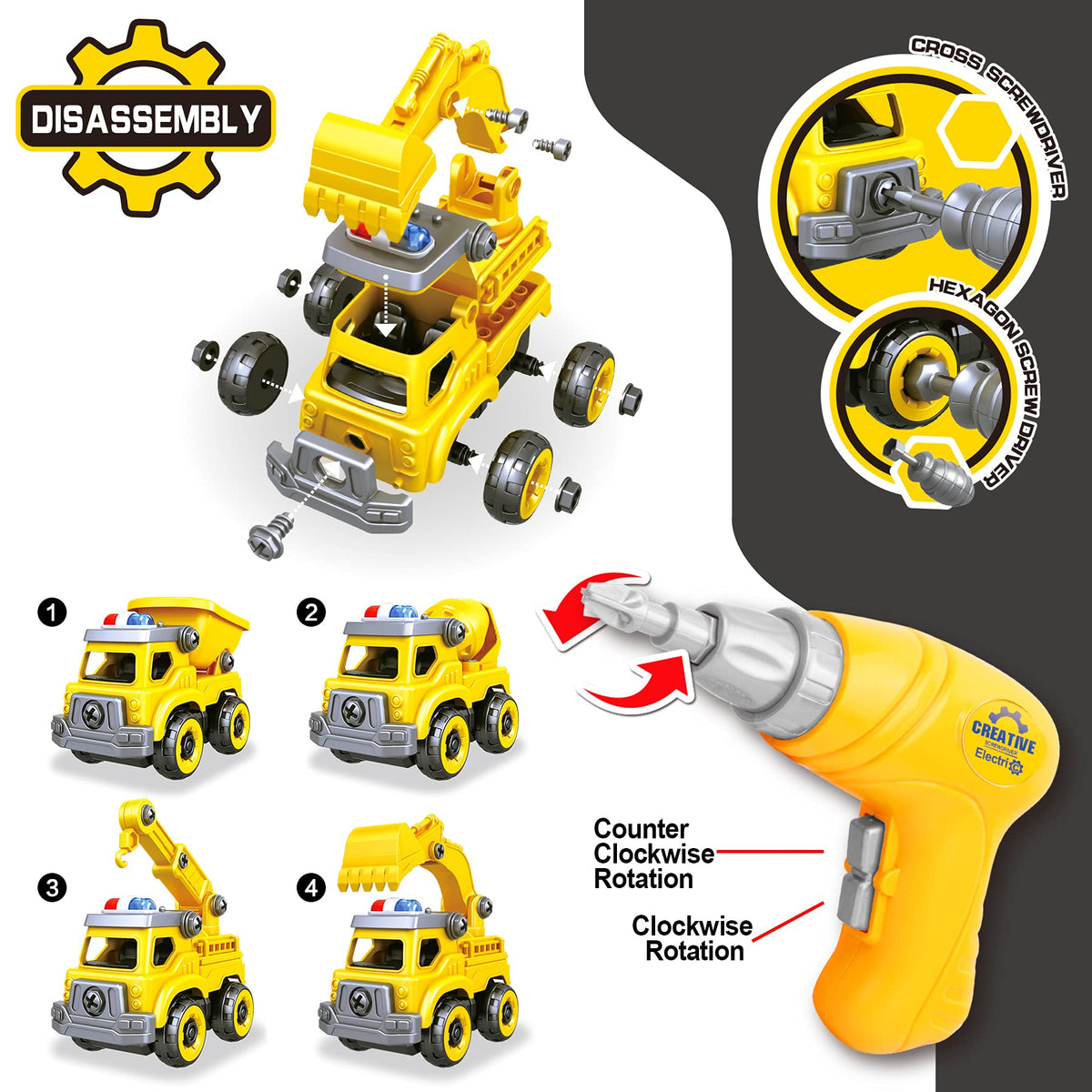 Toyk 4-in-1 take apart car cement mixer shows interchangeable parts for creative problem solving