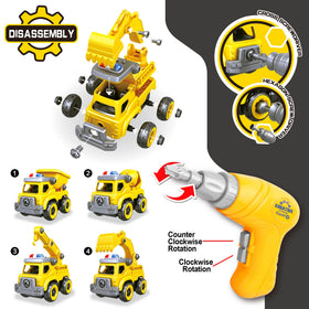 Toyk 4-in-1 take apart car cement mixer shows interchangeable parts for creative problem solving