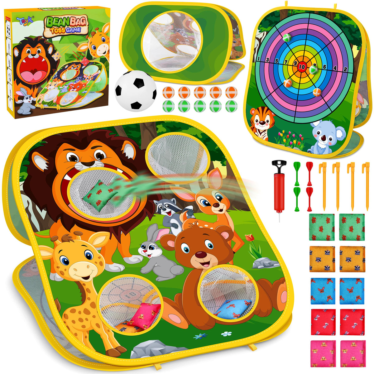 Toyk Animal Bean Bag Toss Outdoor Set shows kids playing together outdoors with the colorful bean bags.