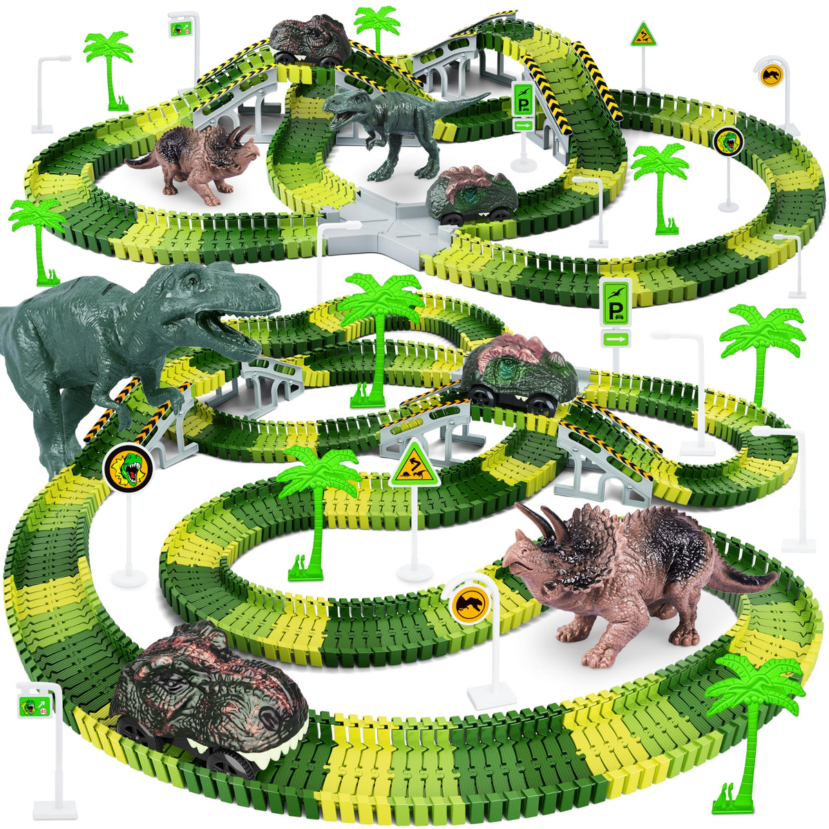 Toyk dinosaur-world-track-pieces showcase flexible layout for imaginative play.