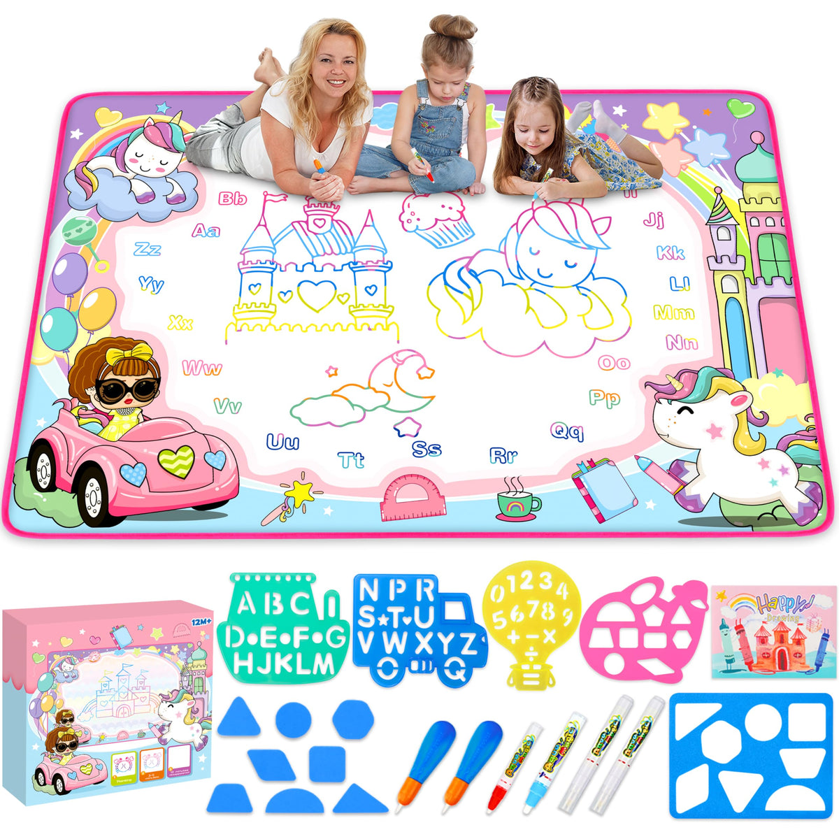 Toyk Water Doodle Mat shows a large 40x28 inch drawing area for kids