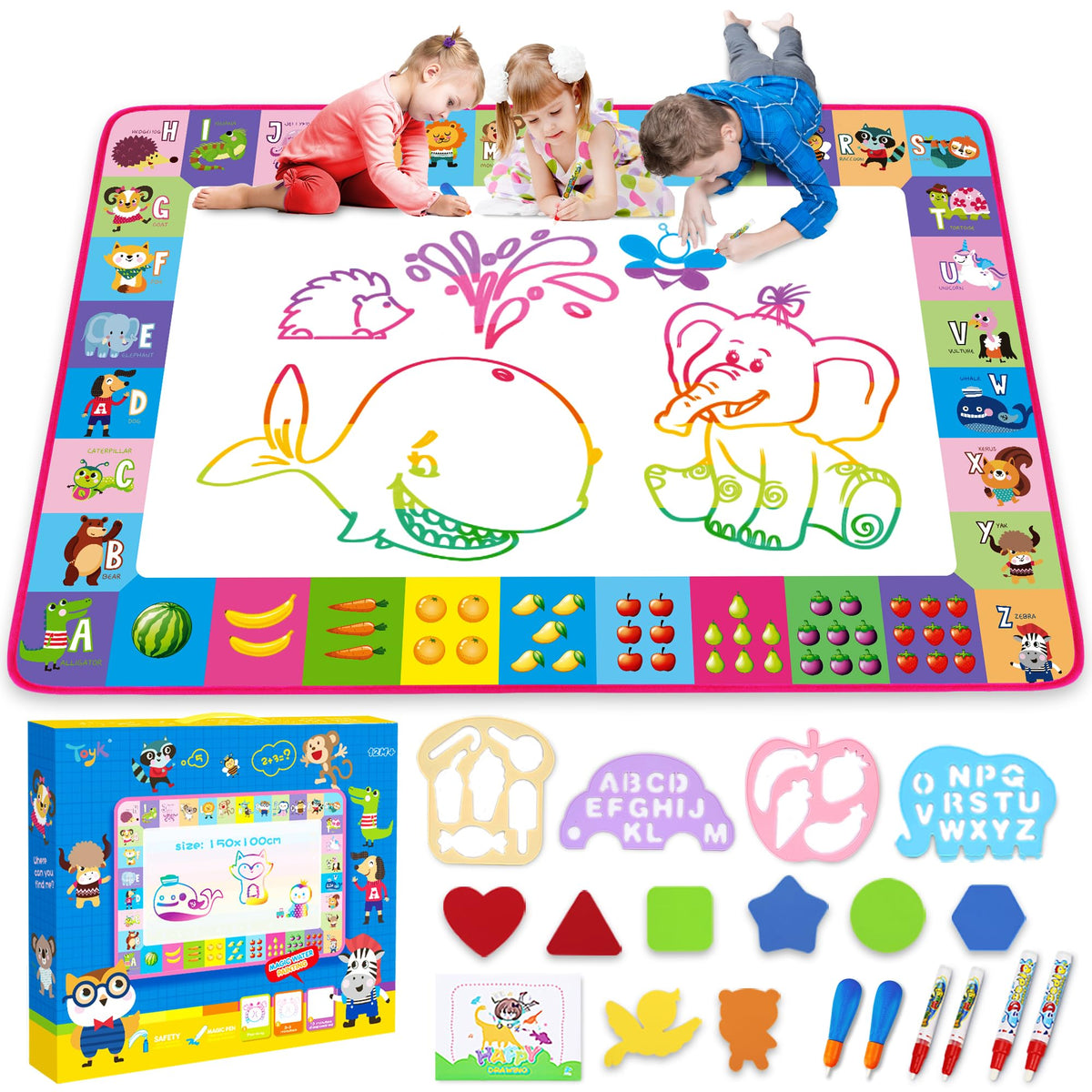 Toyk Water Doodle Mat contents with pens and templates for mess-free creativity.