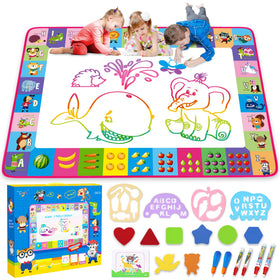 Toyk Water Doodle Mat contents with pens and templates for mess-free creativity.