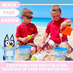 Toyland Bluey Bingo beach-day-scene bucket design delights youngsters outdoors.