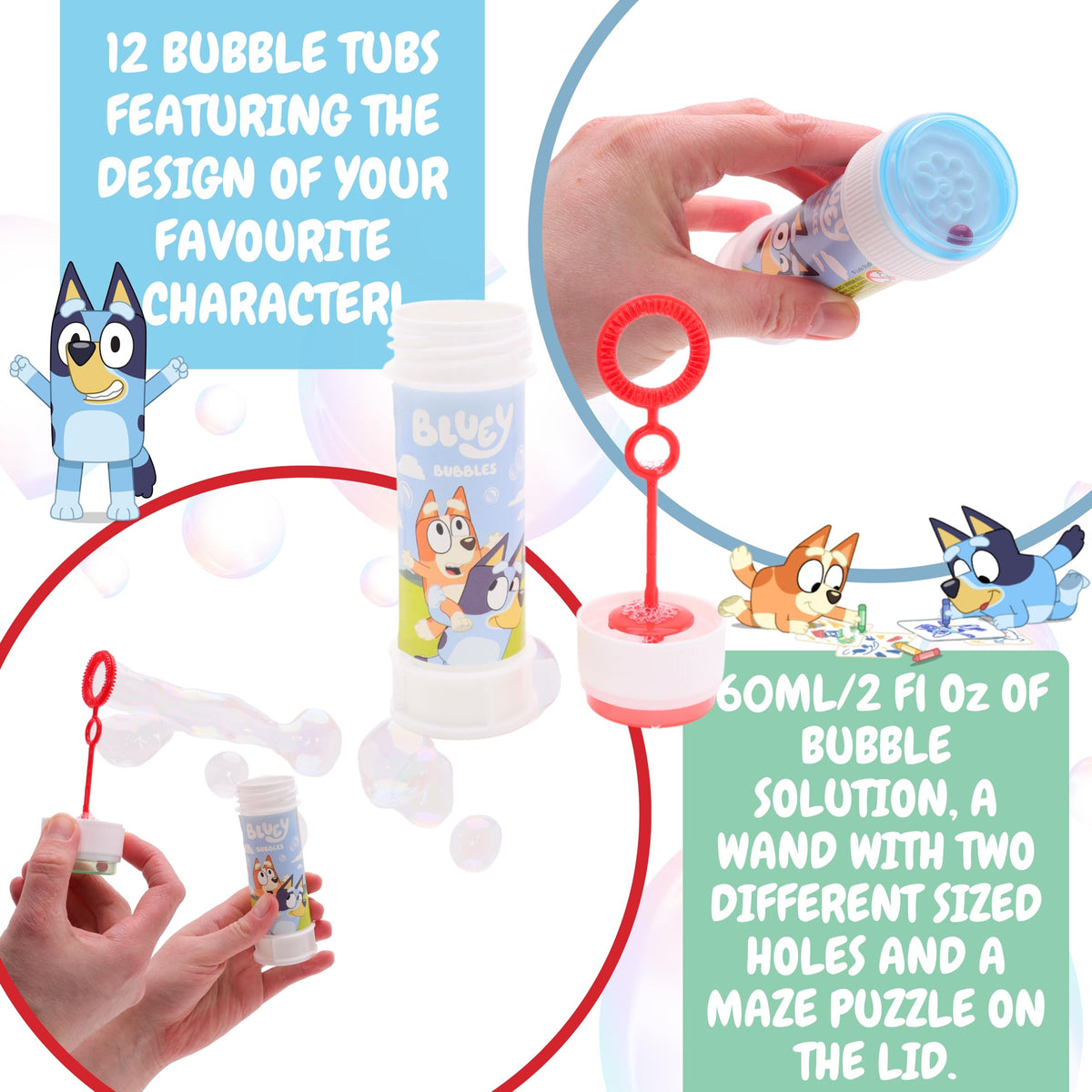 Toyland Bluey bubble solution bottle showing 2 fl oz for long-lasting fun.