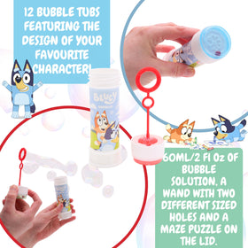 Toyland Bluey bubble solution bottle showing 2 fl oz for long-lasting fun.