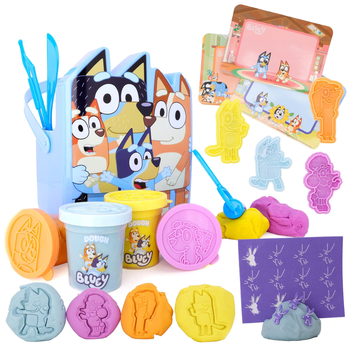 Toyland Bluey dough bucket setup for imaginative play with character shapes