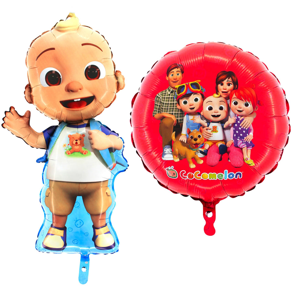 Toyland Cocomelon balloons: Baby JJ 32in and family round 18in for party decor.