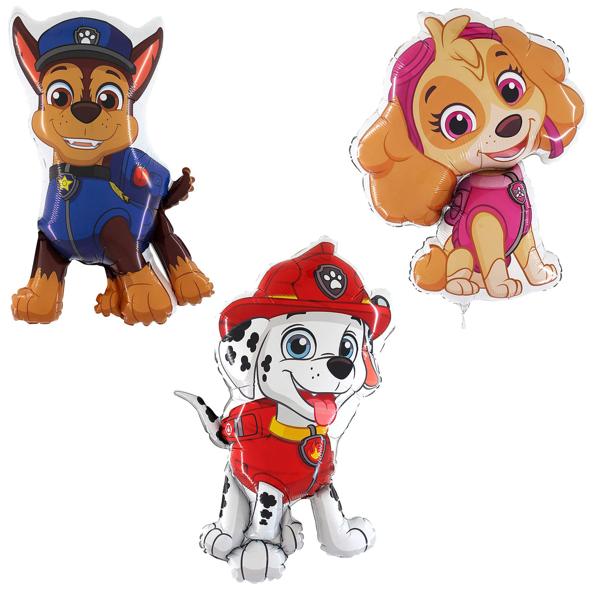 Toyland Paw Patrol foil balloons featuring Marshall, Skye, and Chase for party décor.