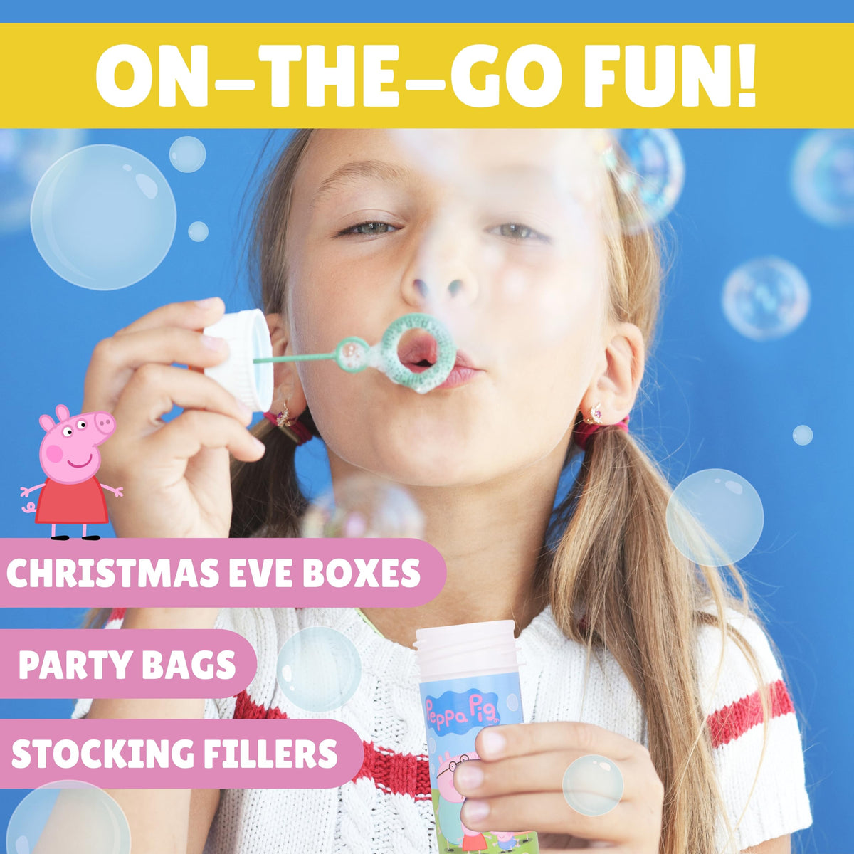 Twelve Peppa Pig designs in Toyland bubble pack spark imaginative play.