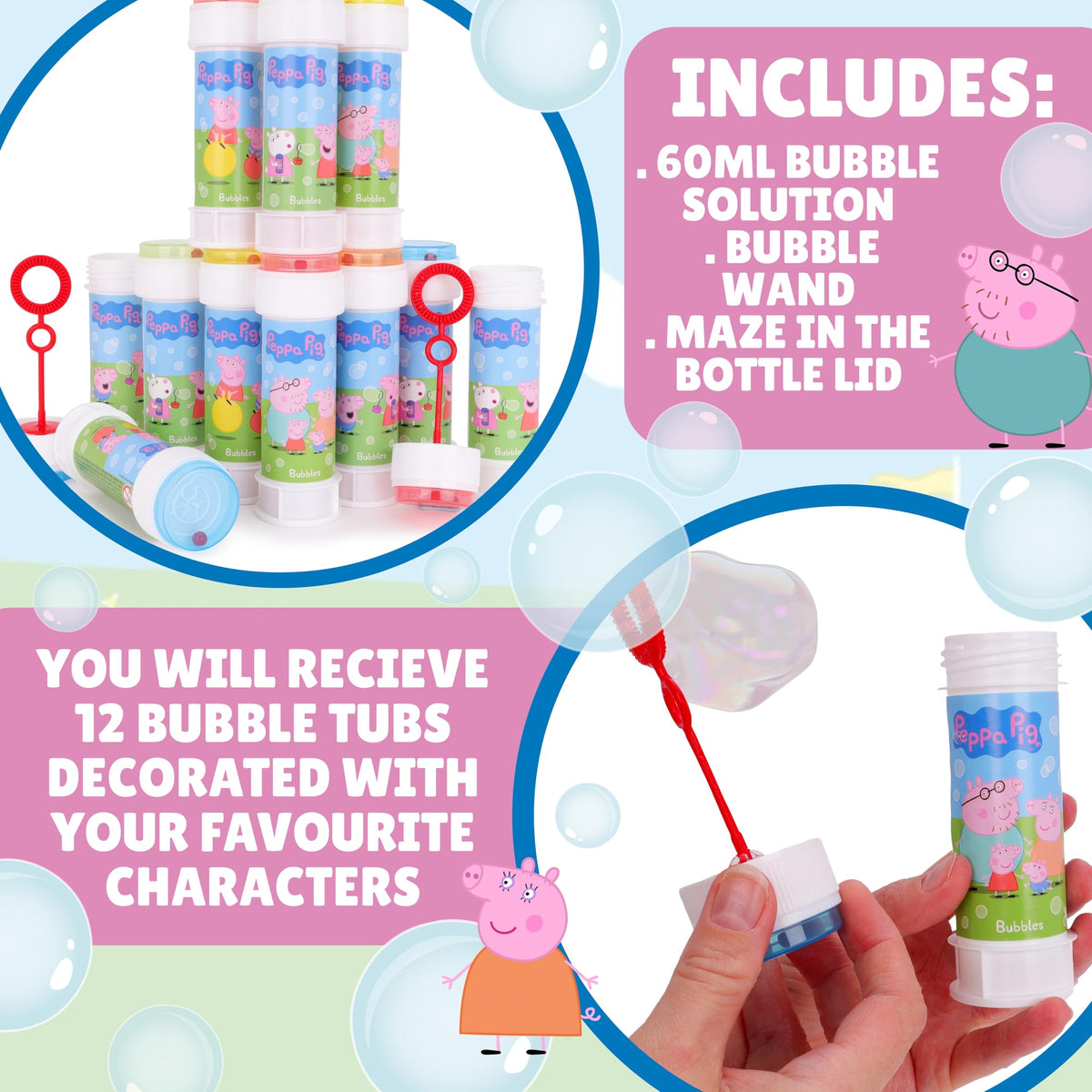 Wands with two hole sizes included with Toyland Peppa Pig bubbles.