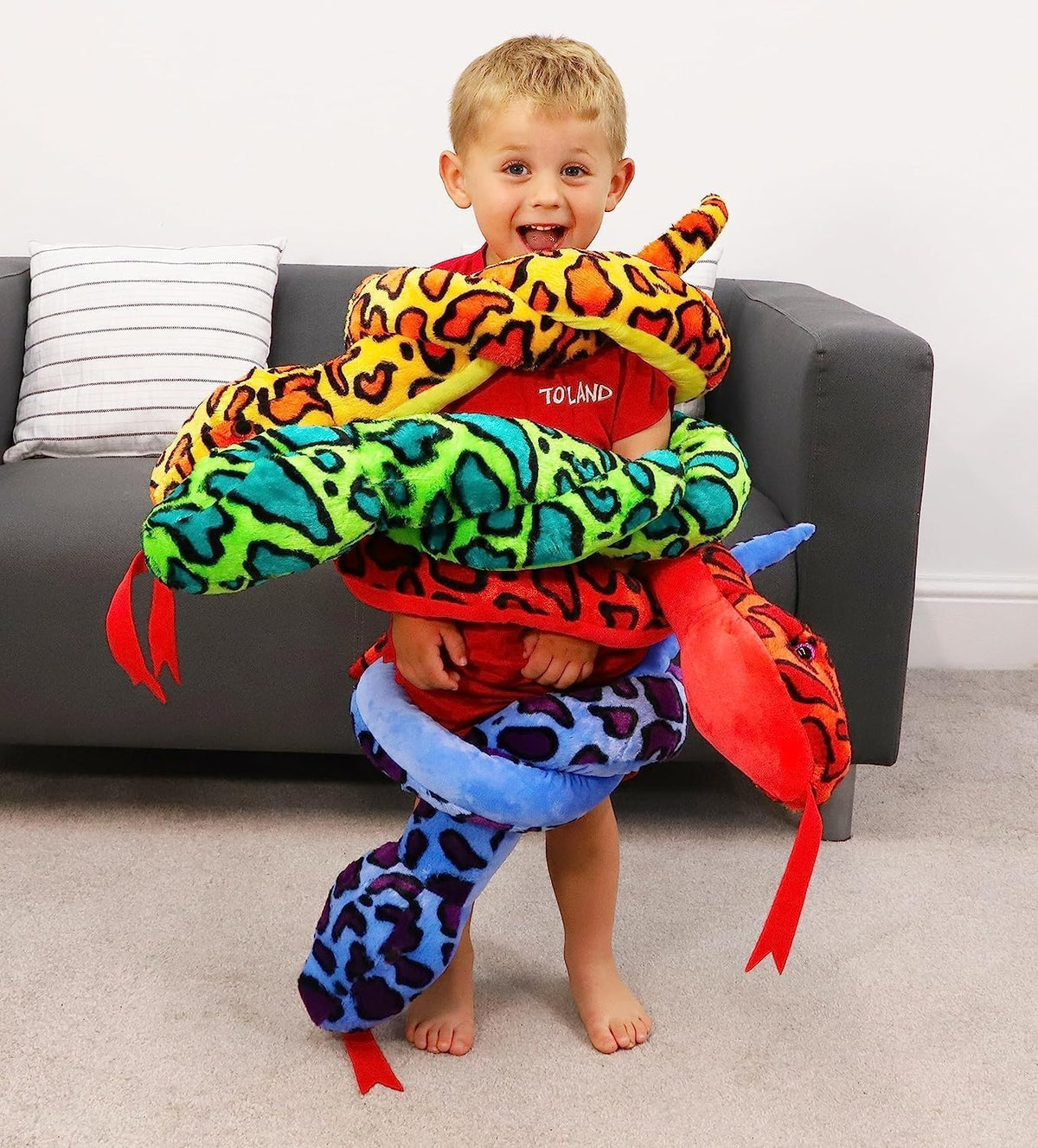Toyland plush snake close-up shows soft, huggable fabric.