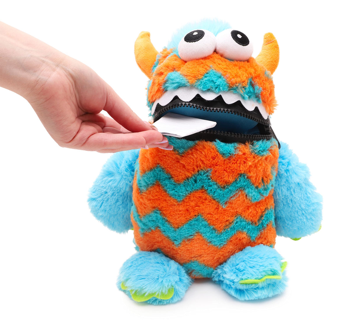 Toyland worry monster blue-orange plush, zip action close-up, invites kids to zip away worries.