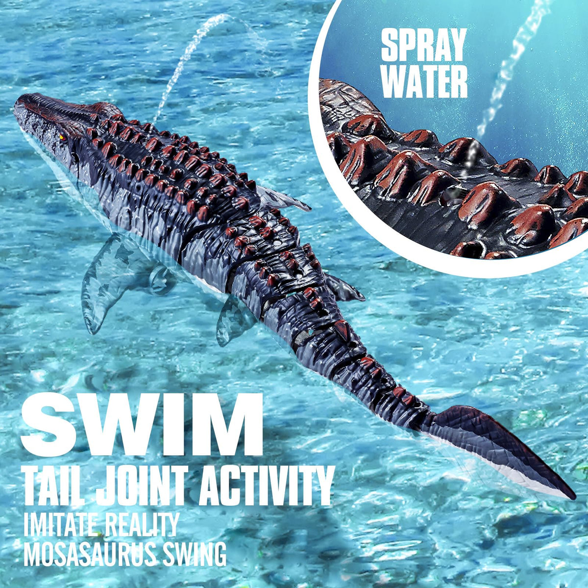 toylefun Mosasaurus RC toy spray function adds dramatic water effects