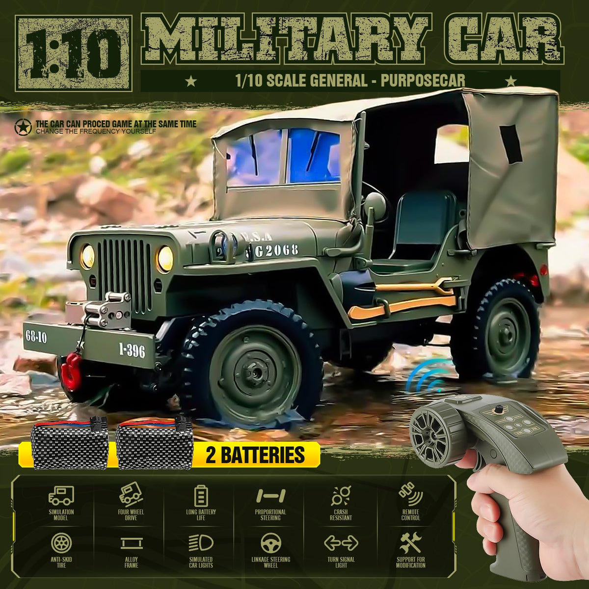 toylefun RC Military SUV 4WD capability delivers reliable traction on varied terrain