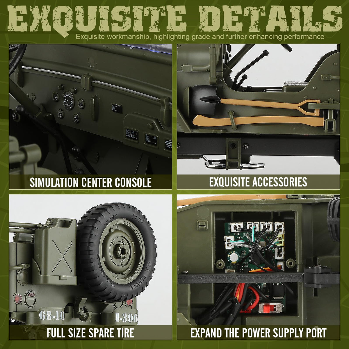 toylefun RC Military SUV alloy chassis signals reinforced frame for tough off-road traction