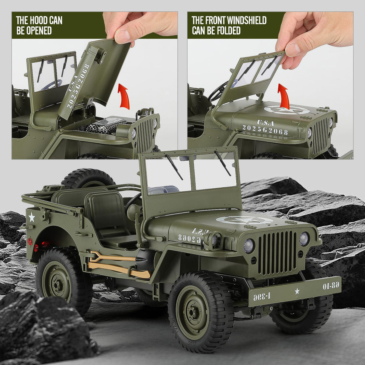 toylefun RC Military SUV folding windshield adds authentic functionality during action scenarios