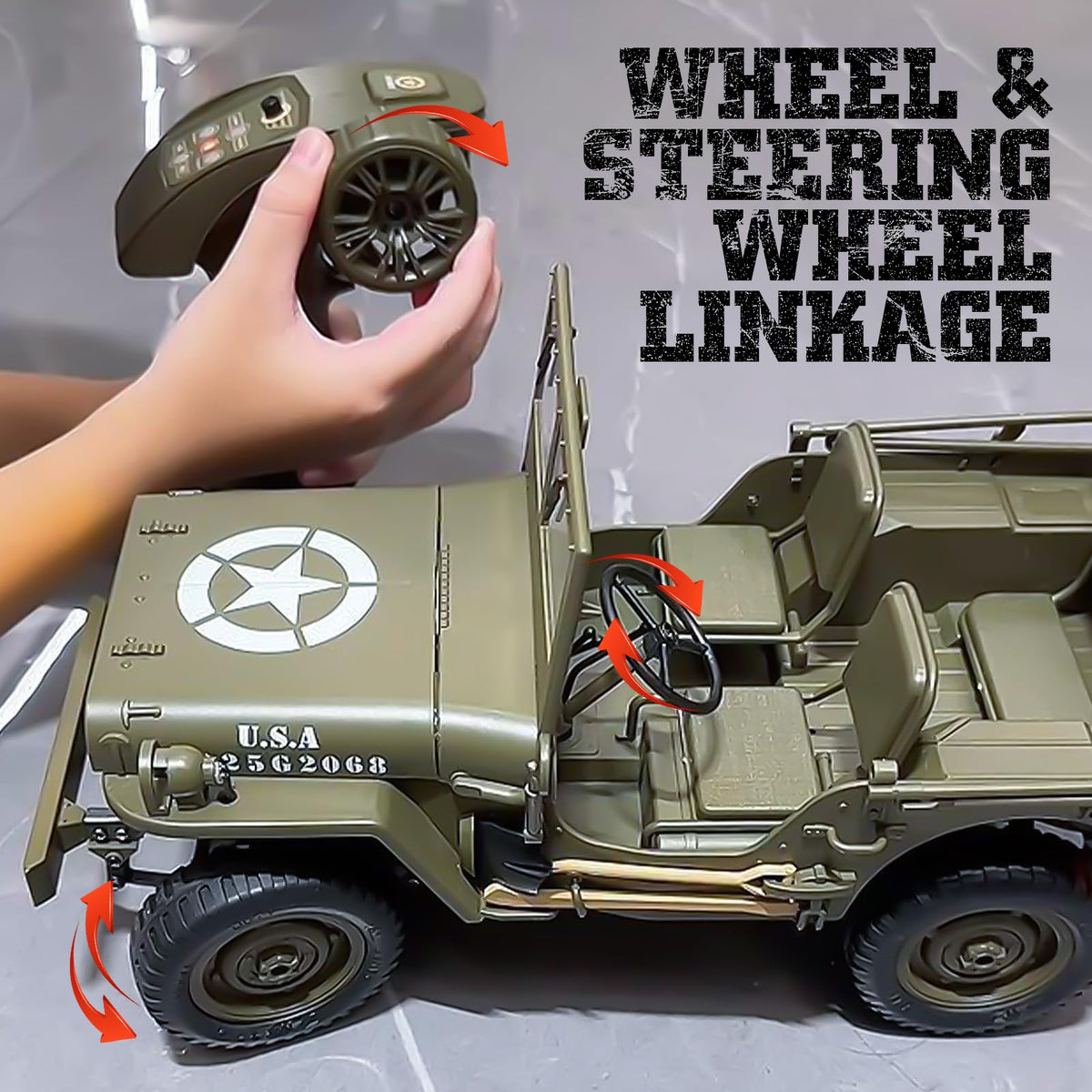 toylefun RC Military SUV winch capstan demonstrates realistic recovery feature for obstacle courses