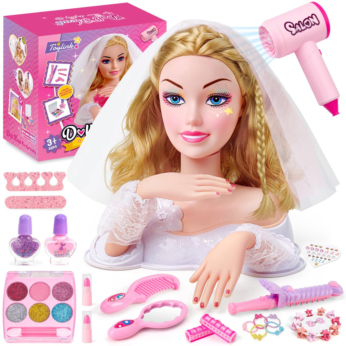 Toylink blonde bride doll head with veil for creative styling practice and pretend wedding looks.