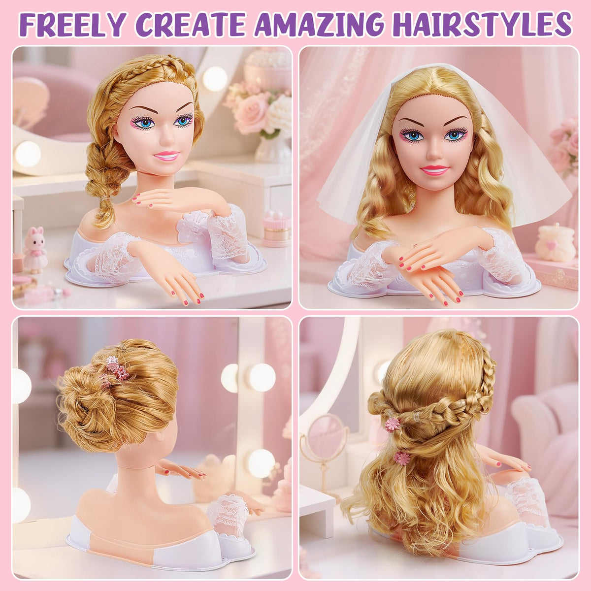 Toylink doll head hair dryer demonstrates gentle airflow for realistic salon play.