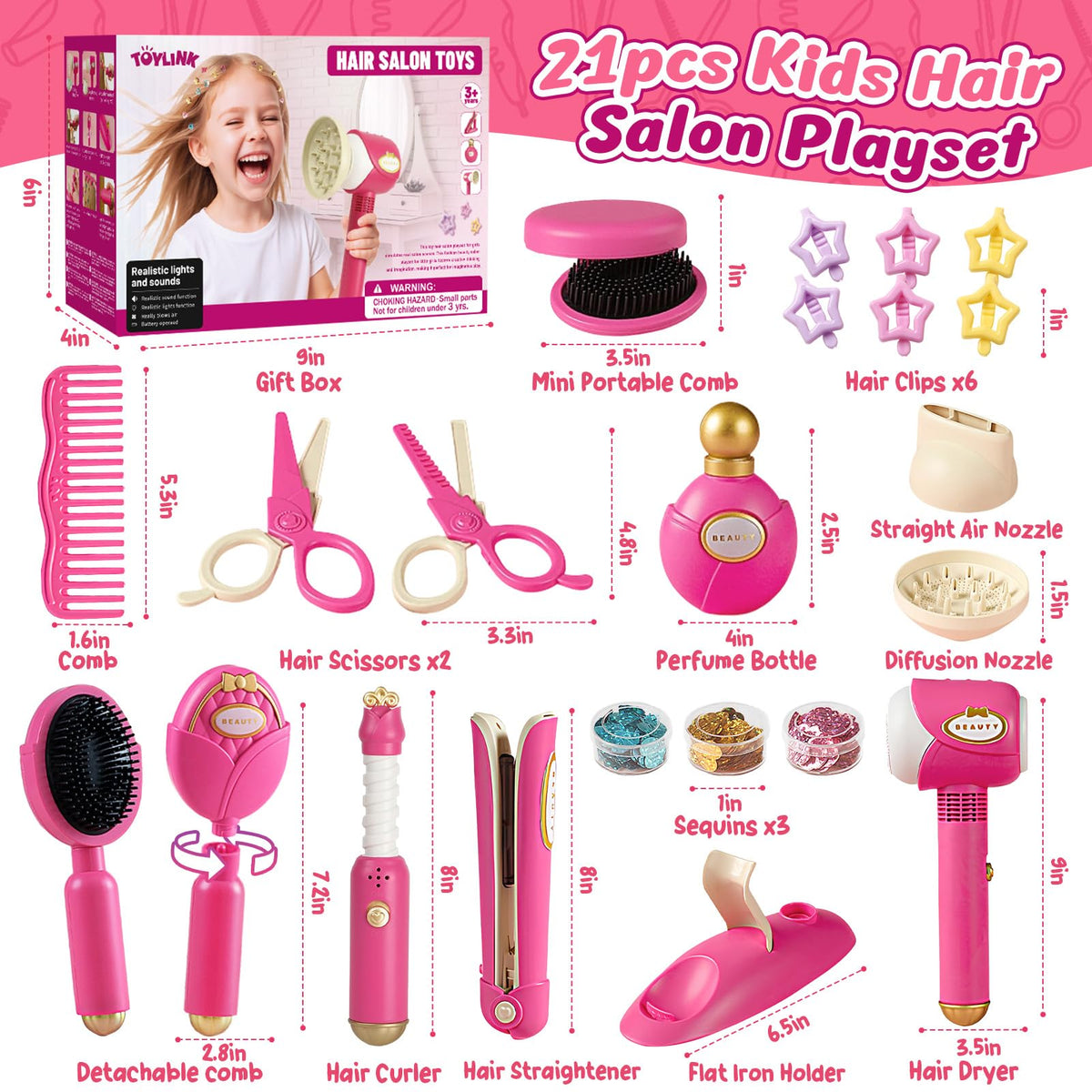 Toylink kids blow dryer adds soft air and realistic sounds to pretend salon.