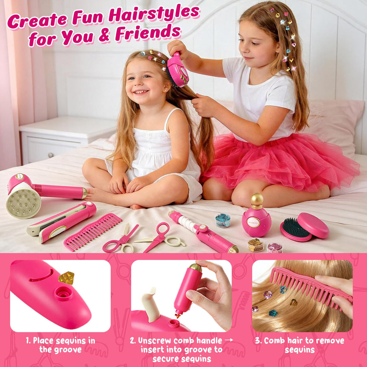 Toylink hair scissors and clips enable precise, safe styling.