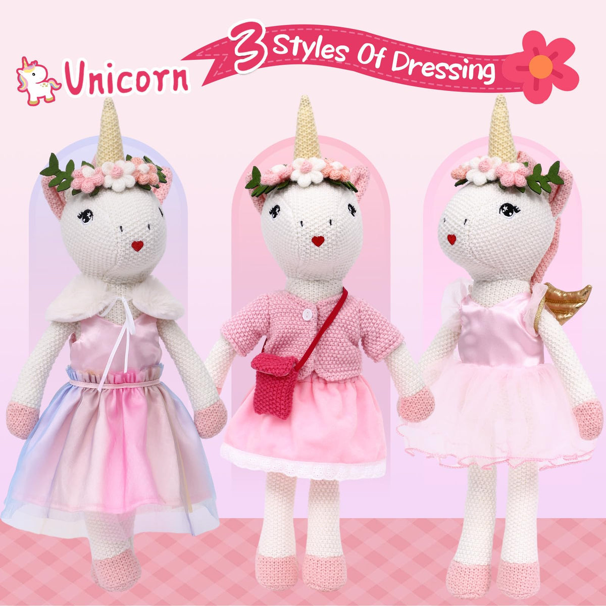 Toylink unicorn doll wearing sweater cardigan for stylish play.