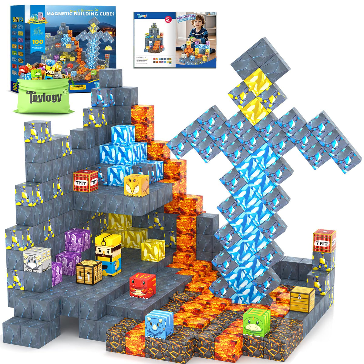 Toylogy 100pcs magnetic blocks set sparks creative dinosaur-building play for kids.