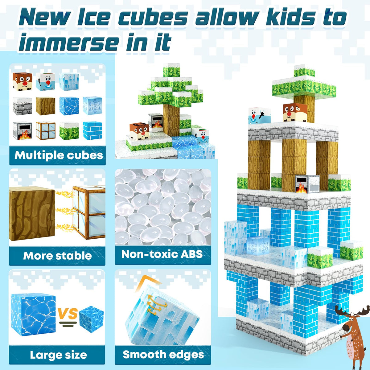 Toylogy magnetic blocks enable a pretend winter sleigh ride with friends for cooperative play.