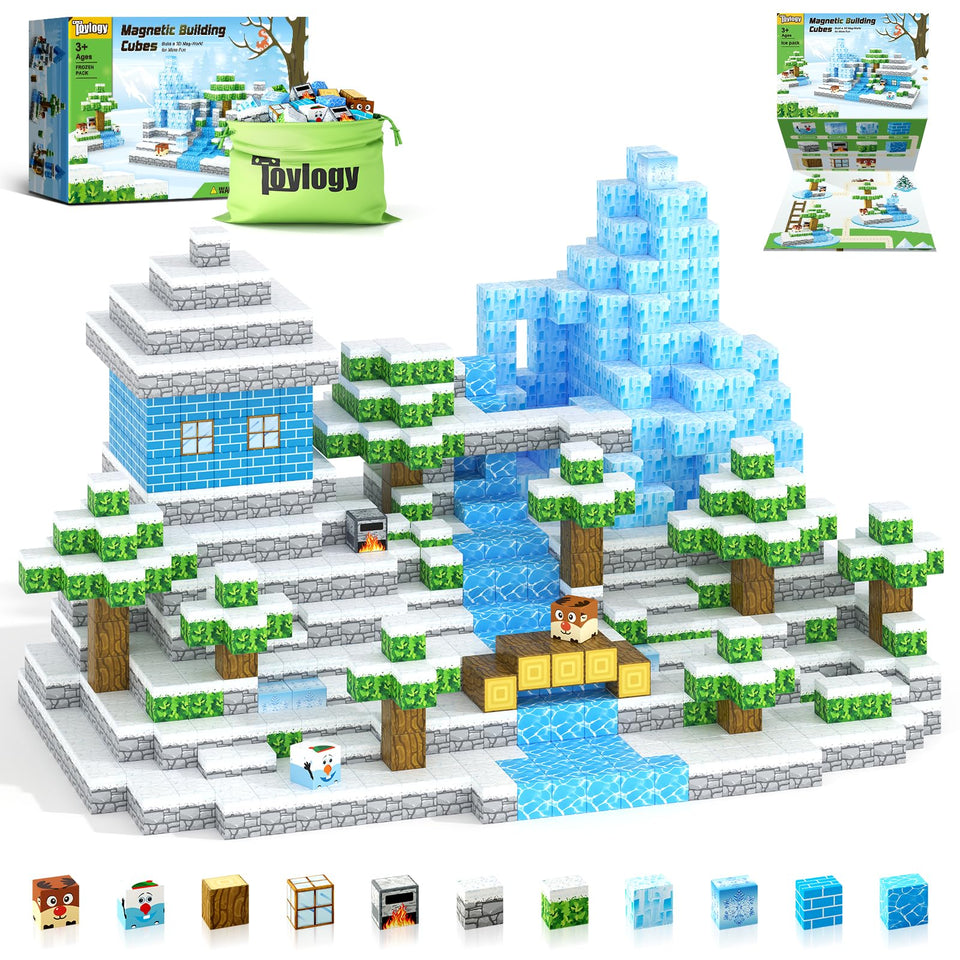 Toylogy magnetic blocks form an ice castle for imaginative play and safe building.