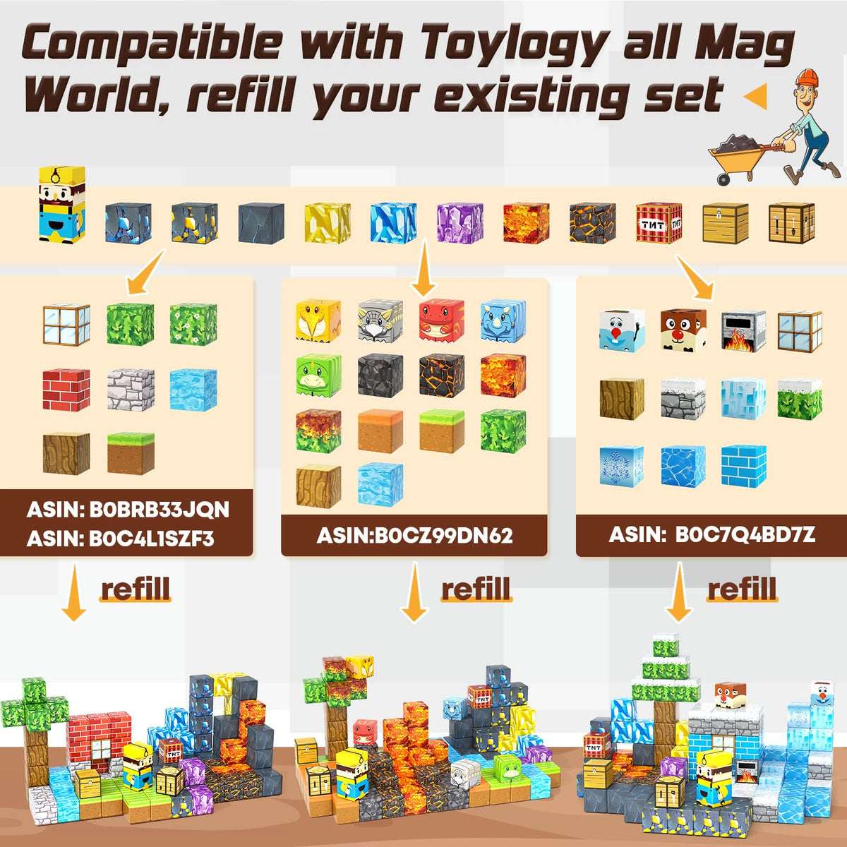 Toylogy mine world tiles foster creativity and fine motor skills during builds.
